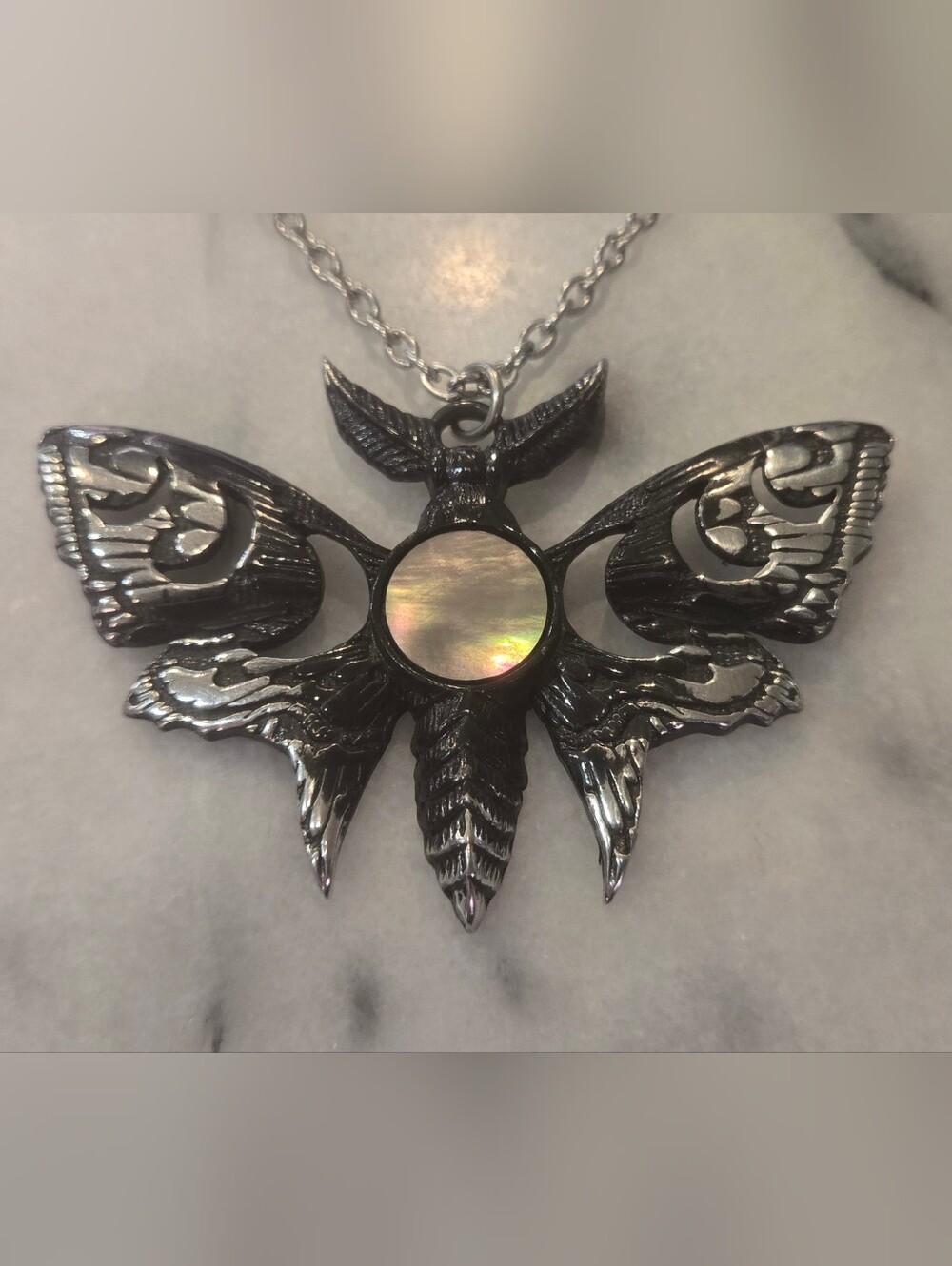 Pewter Alchemy of England Lunar Moth pendant with mother of pearl luminous disc